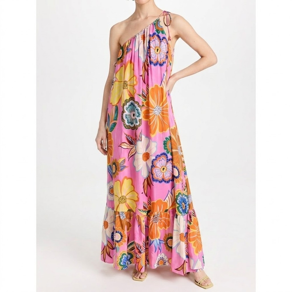 FARM Rio Full Garden Maxi Dress Women's XS Pink One Shoulder Ruffled Hem Casual